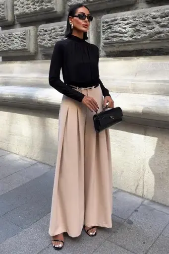 Pantalon Palazzo Beige À Jambe Large Et Taille Haute SKU: SBE14211