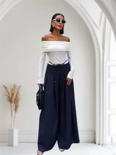 Pantalon Palazzo marine À Jambe Large Et Taille Haute  Référence : SBE14207