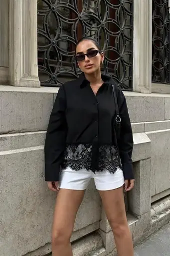 Chemise Avec Jupe En Dentelle - Noir