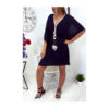 SUBLIME ROBE TUNIQUE KIMONO MARINE, TRES AMPLE AVEC CEINTURE ET JOLI ACCESSOIRES AU COL